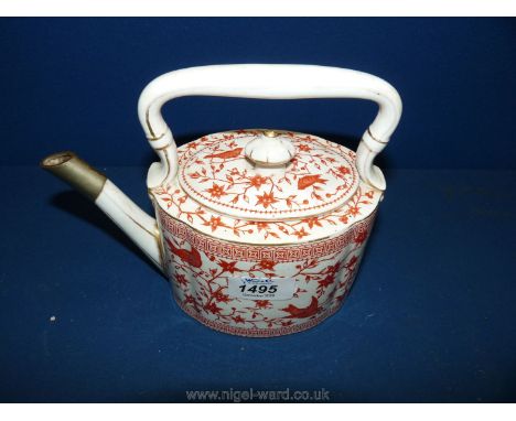 A Royal Crown Derby ''Pembroke'' Teapot in cream with rust coloured bird and floral design, (end of spout repaired with brass