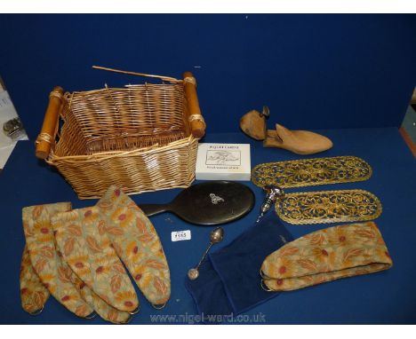 A quantity of miscellanea to include two pierced gilt door plates, curtain tie, hand mirror, Piquet set, wooden shoe stretche