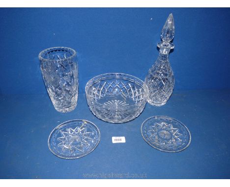 Five pieces of cut glass to include two Stuart trinket dishes, a Tudor England bowl, vase decorated with roses, 8" tall and a