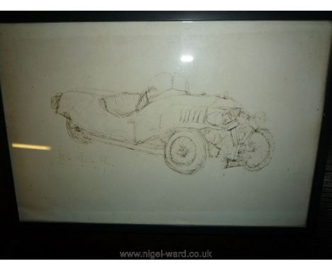 A black framed, signed pen and sepia ink Sketch/Drawing of a Morgan three-wheeler "V"- twin engined motor Car, 8'' x 12'' app