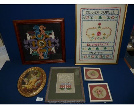 Six vintage samplers including Berkeley Plantation.