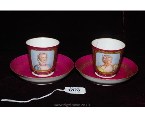 A pair of Sevres cups and saucers, various mid-19th century dates, outside painted, the cups with portraits of ladies of 18th