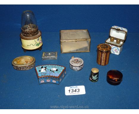 A very pretty Limoges ceramic perfume casket with bottles, sadly one with damage, a Tunbridge style match pot, Bakelite Rouge