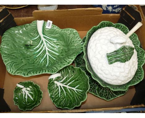 A large five piece green cabbage serving set including a tureen with saucer and ladle, Bordallo Pinheiro serving dishes, larg