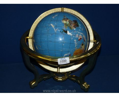 A Gemstone Globe on metal stand with compass in the base, 13 1/2'' tall overall, 12'' diameter approx.