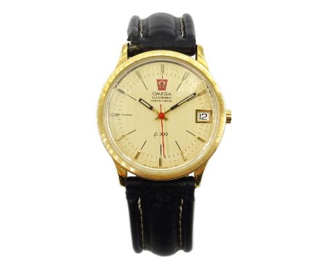 Omega 18ct gold electronic chronometer f300 quartz wristwatch ref 198003 movement 32004956, with date aperture, hallmarked, o