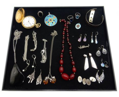 Norwegian silver enamel pendant stamped N.M 925S, silver and stone set silver rings, earrings, necklaces, cherry amber type b