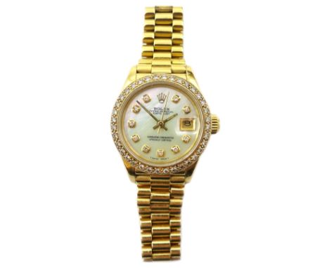 Ladies Rolex 18ct gold Oyster Perpetual Datejust wristwatch no 1791338, serial no E402909, diamond set mother of pearl dial, 