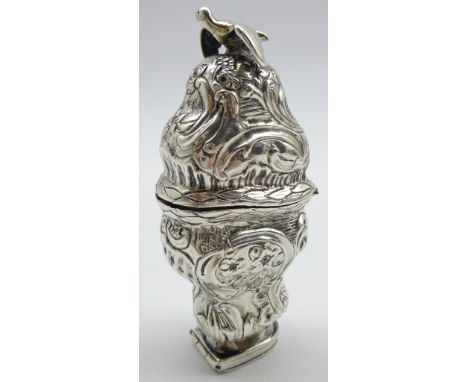 Continental silver canister, possibly for snuff, the hinged cover with bird finial and embossed decoration and a concealed co