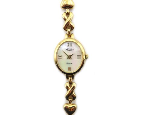 Ladies Rotary Elite 9ct gold wristwatch, mother of pearl dial Ref LB10173/07 on heart and cross link bracelet, stamped 375 Co