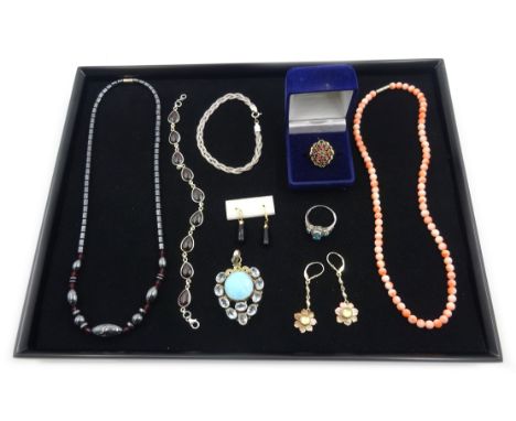 Silver-gilt stone set ring, stone set pendant, garnet bracelet, blue zircon silver ring, pair of silver and mother of pearl e