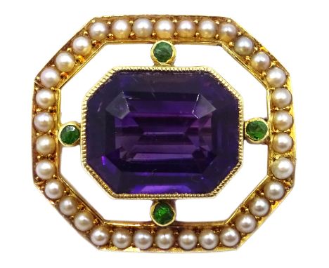 Edwardian gold amethyst, peridot and seed pearl Suffragette colour brooch, stamped 15ct   Condition Report & Further Details 