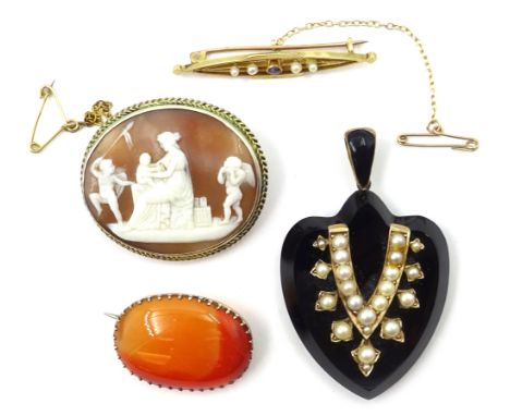 Victorian French jet and pearl picture back pendant, gold sapphire and pearl brooch, stamped 15c, agate brooch and cameo broo