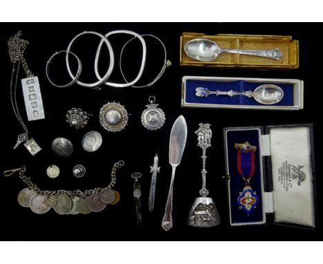 Silver bangle by Links of London, similar silver bangles, Dutch silver spoon by Hendrik Hooijkaas, Order of Oddfellows medall