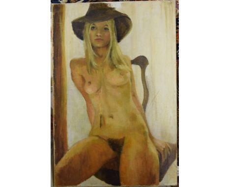 English school, 20th century, a seated portrait of a nude lady, wearing a hat and with a key hanging from her neck, oil on ca