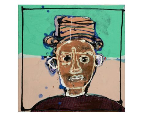 John Kiki, a bust portrait of a man wearing a top hat, mixed media on canvas, 39 cm square