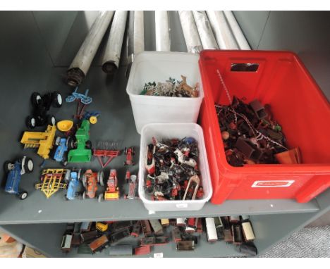 A shelf of Plastic and Lead Figures and Accessories including Britains, Lone Star, Dinky and simailar Wild West, Farming, Sol