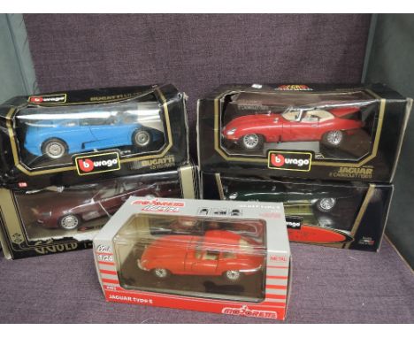 Five Burago, Majorette and Guiloy 1:18 and 1:24 scale diecasts, all boxed