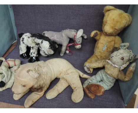 Six mid 20th century straw filled and similar Soft Toys, Yellow plush hand stitched Lion and Jointed Teddy Bear, Merrythought