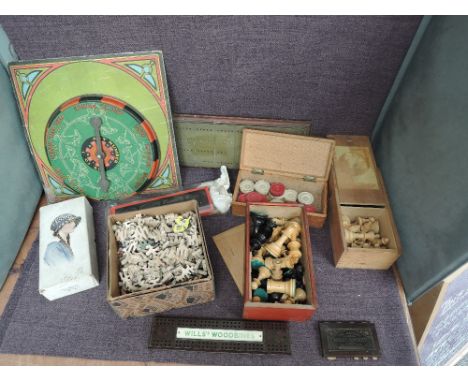 A selection of vintage Toys including two wooden Chess Sets, Draught Sets, Whist Counter, Cribbage Boards, tin plate spinning