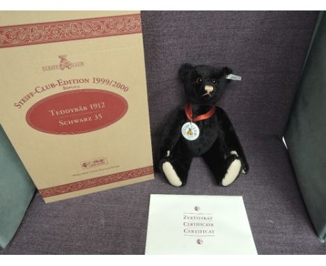 A Limited Edition Steiff Bear, Teddy Bear 1912 Black 35, 432160 4598 1999, white tag, ceramic pendant, certificate and box