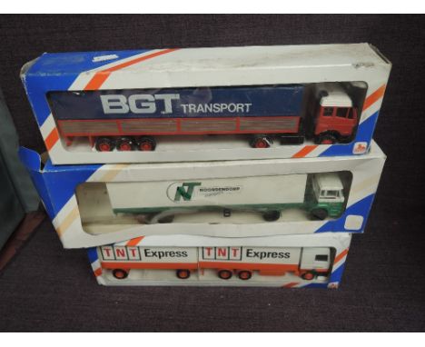 Three Lion Toys 1:50 scale diecast Wagons, TNT Express, Noordendorp Transport and BGT Transport, all boxed