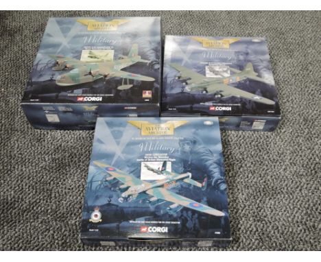 Three Corgi 1:144 scale diecast Aviation Archive Military Aeroplanes, 48803 First Issue Short S.25 Sunderland III, 47306 Limi