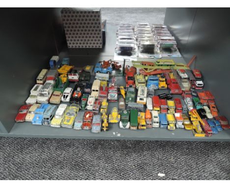 A shelf of playworn diecasts including, Dinky, Corgi, Matchbox Lesney, Matchbox etc