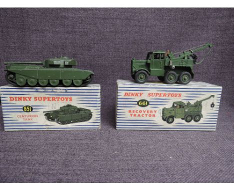 Two Dinky diecasts, 651 Centurion Tank and 661 Recovery Tractor, both in original blue and white striped boxes