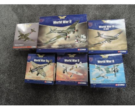 Five Corgi 1:72 scale diecast Aviation Archive World War II models, AA33701 Heinkel He 111 H-3-II, AA35702 Me 262-1a Yellow 5