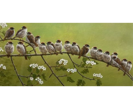 Robert E Fuller (British 1972-): 'Tree Sparrows', limited edition colour print signed and numbered 41/850 in pencil 15cm x 31