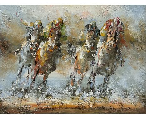 R Sarland (Continental 20th/21st century): Polo Ponies In Full Gallop, oil on canvas board signed 31cm x 41cm