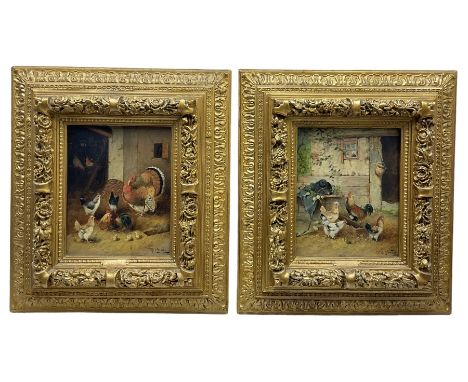 R Clauser (British early 20th century): Poultry in the Farmyard, pair oils on canvas signed, housed in ornate gilt frames 25c