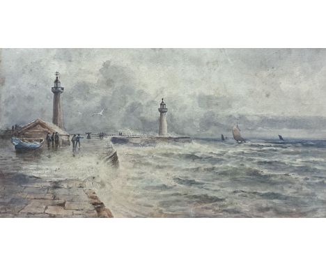 George Barker (British 1882-1965): 'Whitby Piers from the Spa Ladder', watercolour signed 17cm x 32cm