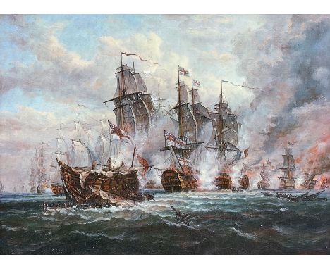 After Jacob Knyff (Dutch 1639-1681): 'Battle of Trafalgar', 20th century oleograph 29cm x 40cm in heavy gilt frame