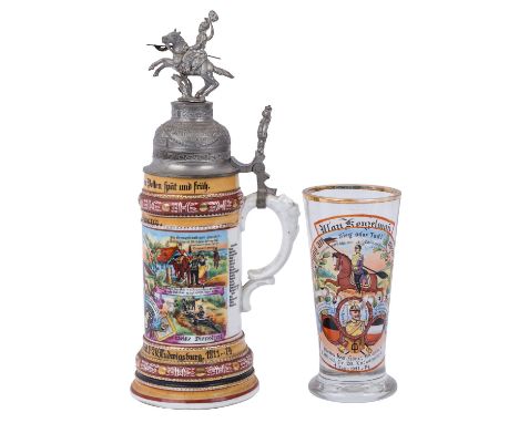 Württemberg - Reservistenkrug mit Glas Anfang 20. Jh. Krug für 0,5l Bier eines Reservisten names Konzelmann, Ulan des "1 Esk.