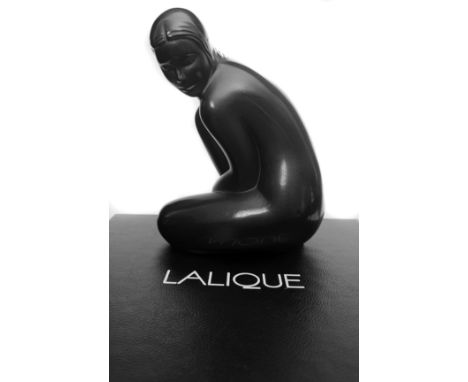 Lalique - A black glass nude venus figure, satin crystal finish, kneeling position with one leg raised, engraved Lalique R Fr