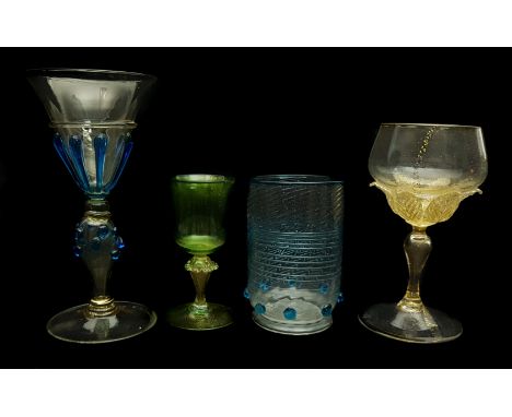 Venetian/Salviati Glass - A group of four glasses comprising: amber wine glass applied with blue tears and dots to the hollow