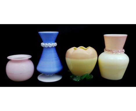 Stourbridge Glass - Four small 'threaded' glass vases, comprising globular miniature vase of pale pink; a flask form vase whi