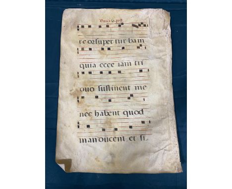 Early Music. A single manuscript leaf of music, on vellum, recto verso, decorated initial with surface loss, five rows of fiv