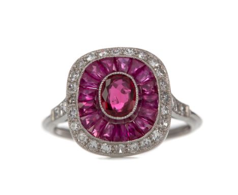 RUBY AND DIAMOND RING, set with a central ruby within a halo of calibre cut rubies and round brilliant cut diamonds, unmarked