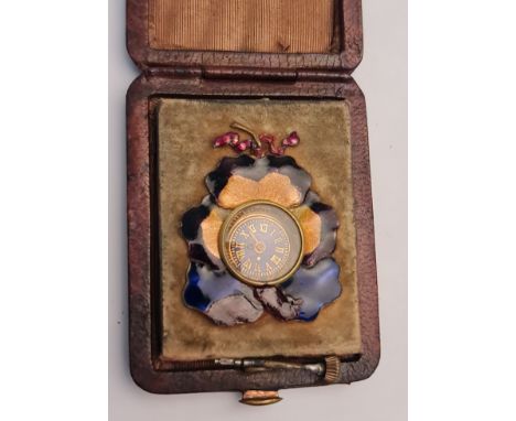 A miniature clock, housed in enamel floral design A/F, (in box)