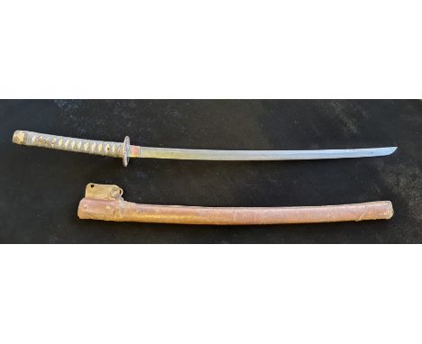 A Katana Samurai sword with a cast iron Tsuba signed to Nakago, part lacquered scabbard with a WW2 leather cover blade length