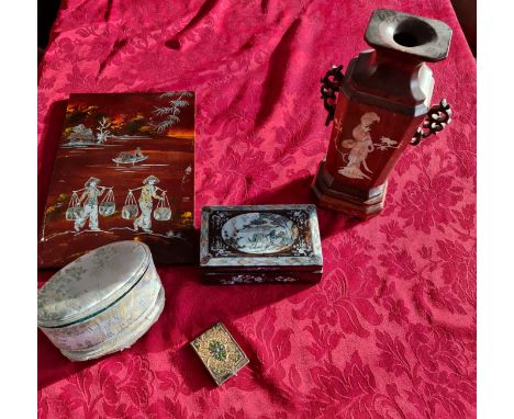 A box containing mother of pearl box vase, panel and glass ware etc.