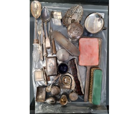 A collection of silverware, some hallmarked to include, cigarette lighter, silver topped glass powder pot, pepper pot, snuff 