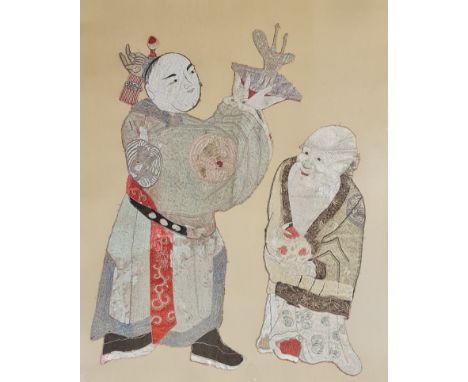 A fine detailed Chinese silk embroidery with gold silk, Shou Lao receiving green jade censer. Framed and glazed. 75 cm 95 1/2