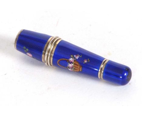 Vintage gilt and enamel sewing necessaire with a matching thimble, the bottom section unscrews and holds a multi tool to incl
