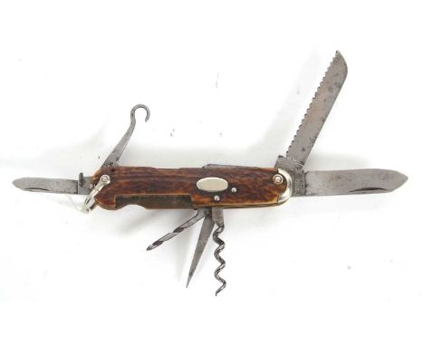 C Johnson multi-tooled pocket knife, stag handle, tools to include tweezers and tooth pick, 11cm long