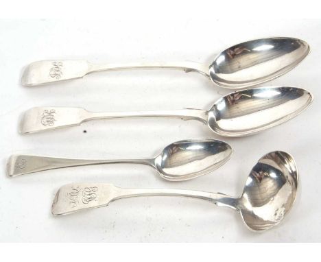 Two Victorian silver fiddle pattern table spoons engraved with initials and hallmarked for London 1839, makers mark for John 