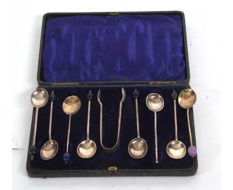 Group of six bean end coffee spoons, Sheffield 1923 (one finial missing) together with two bean end and enamel bowl examples,